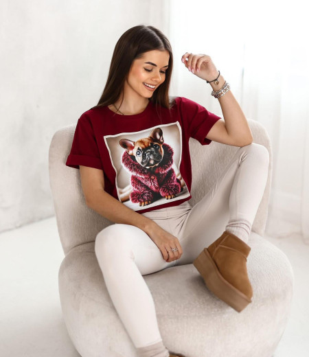 T-shirt bordowy z narukiem French bulldog 1